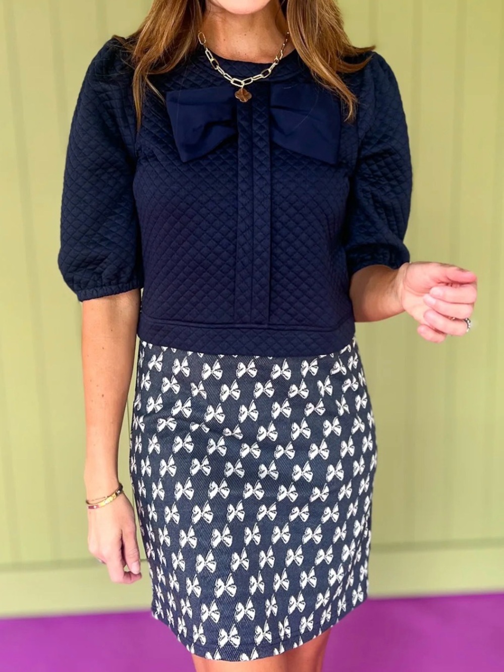 Voy Navy Blue Bow Quilted Casual Dress Small